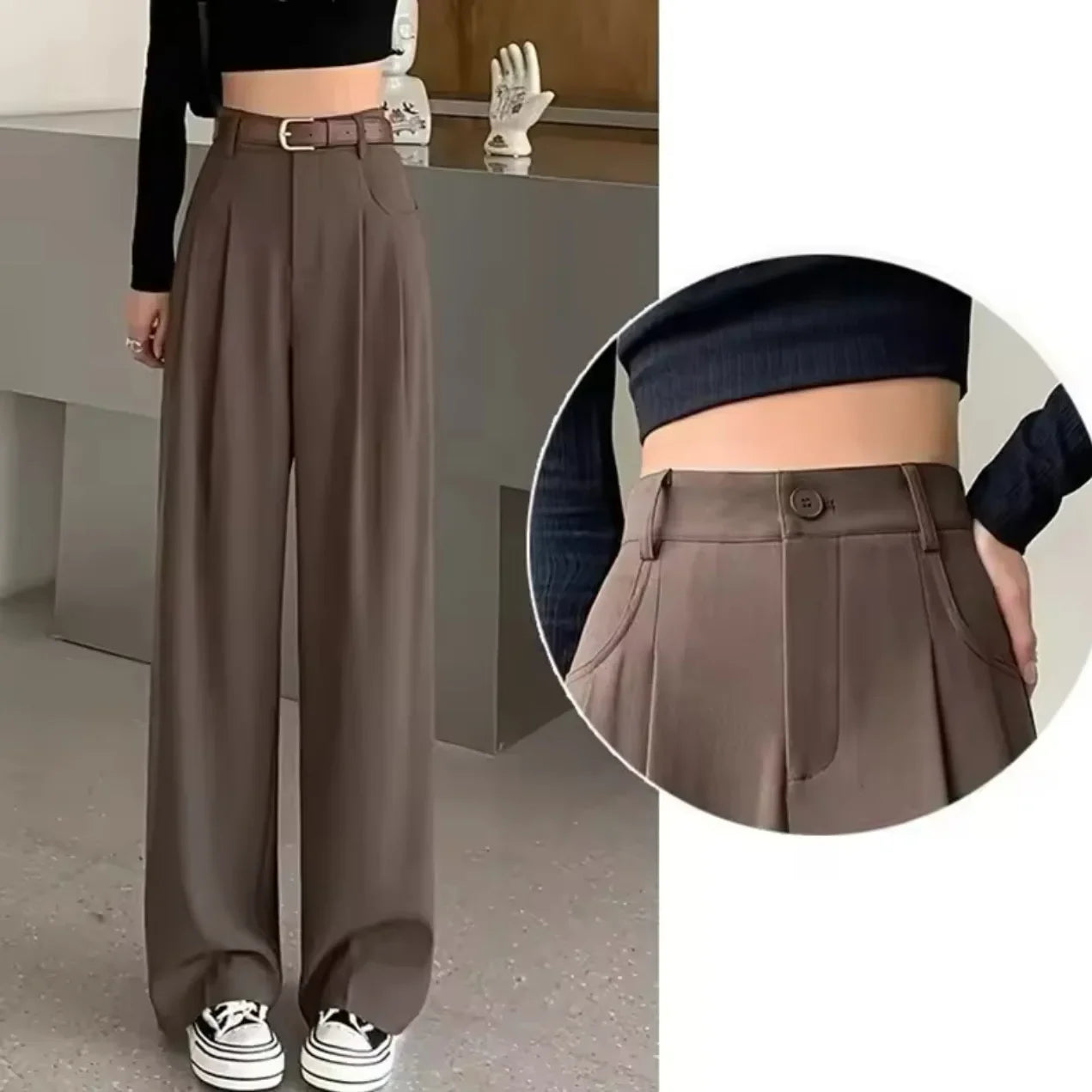 Elegant Drapey Wide Leg Suit Pants Women's High Waist Straight Casual Floor Length Trousers Spring Autumn New Style