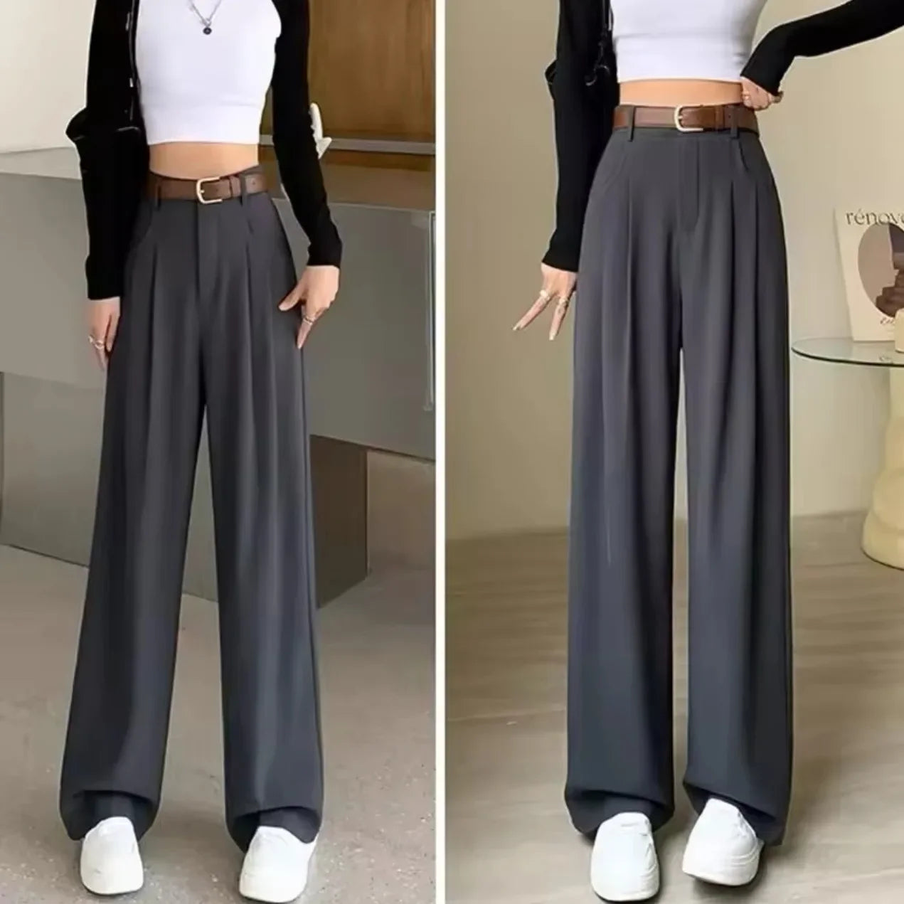 Elegant Drapey Wide Leg Suit Pants Women's High Waist Straight Casual Floor Length Trousers Spring Autumn New Style
