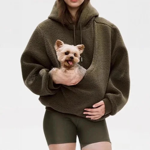 Ladies Winter Hooded Lamb Velvet Kangaroo Pocket Dog Mommy Outwear Sweatshirt Comfortable Street Style Trendy Fashion