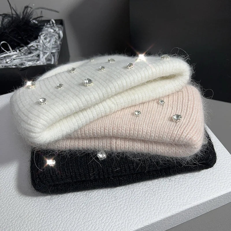 Nouveau bonnet tricoté de perles de strass de luxe
