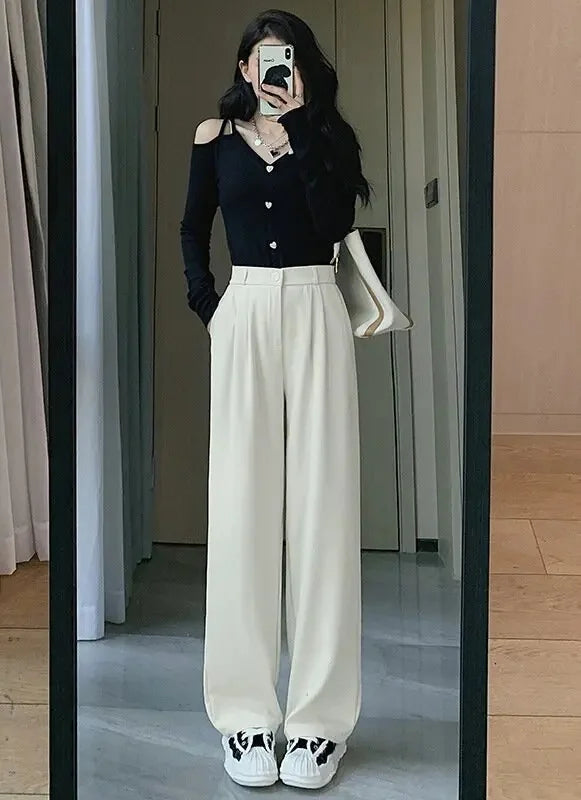 Elegant Drapey Wide Leg Suit Pants Women's High Waist Straight Casual Floor Length Trousers Spring Autumn New Style