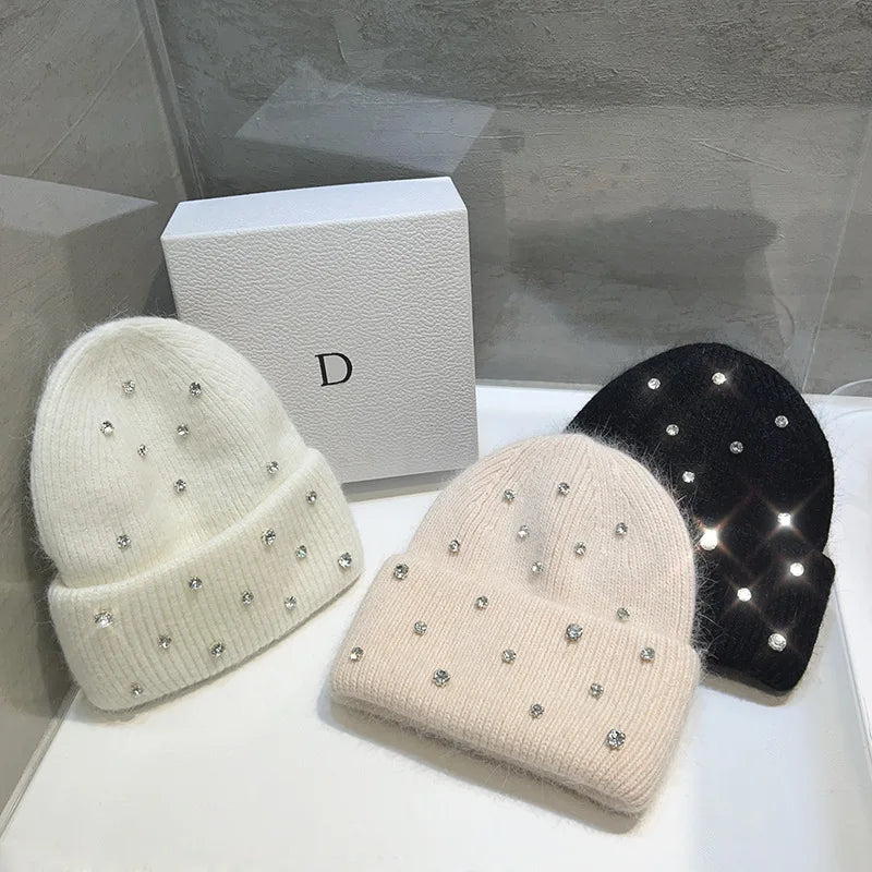 Nouveau bonnet tricoté de perles de strass de luxe