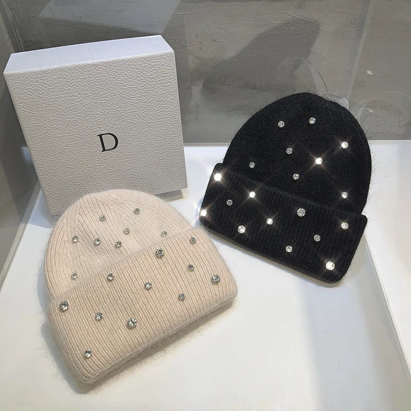 Nouveau bonnet tricoté de perles de strass de luxe