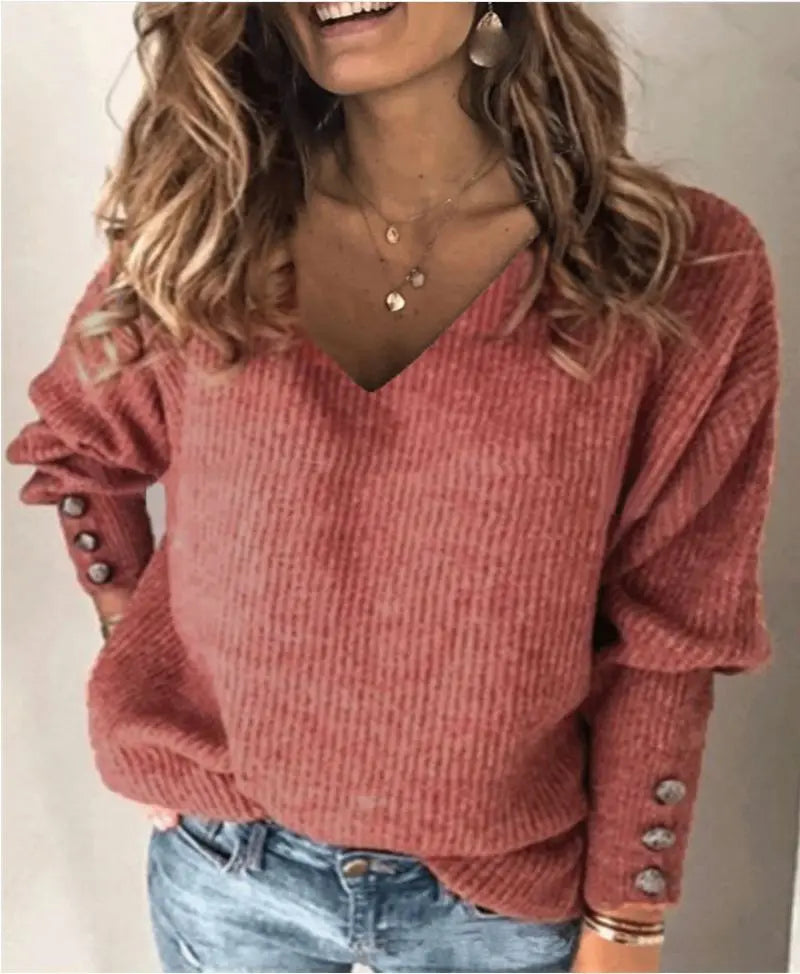 Women's Spring and Autumn Loose Button Solid Color V-neck Knitted Top