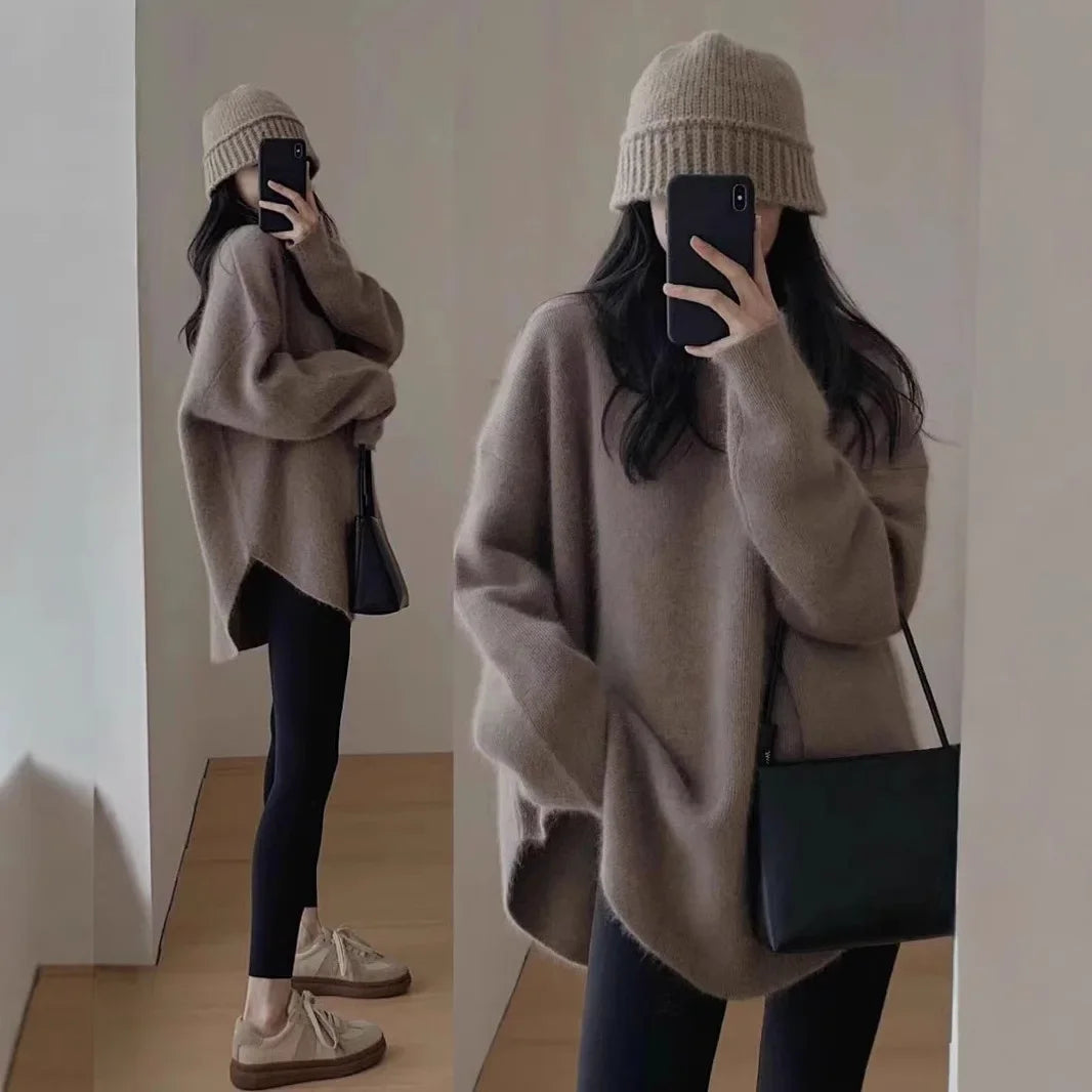 White Knitted Loose Long Sleeve Women's Base Shirt Sweater Autumn Winter High Sensation Inner Match Lazy Style Polyester Fiber