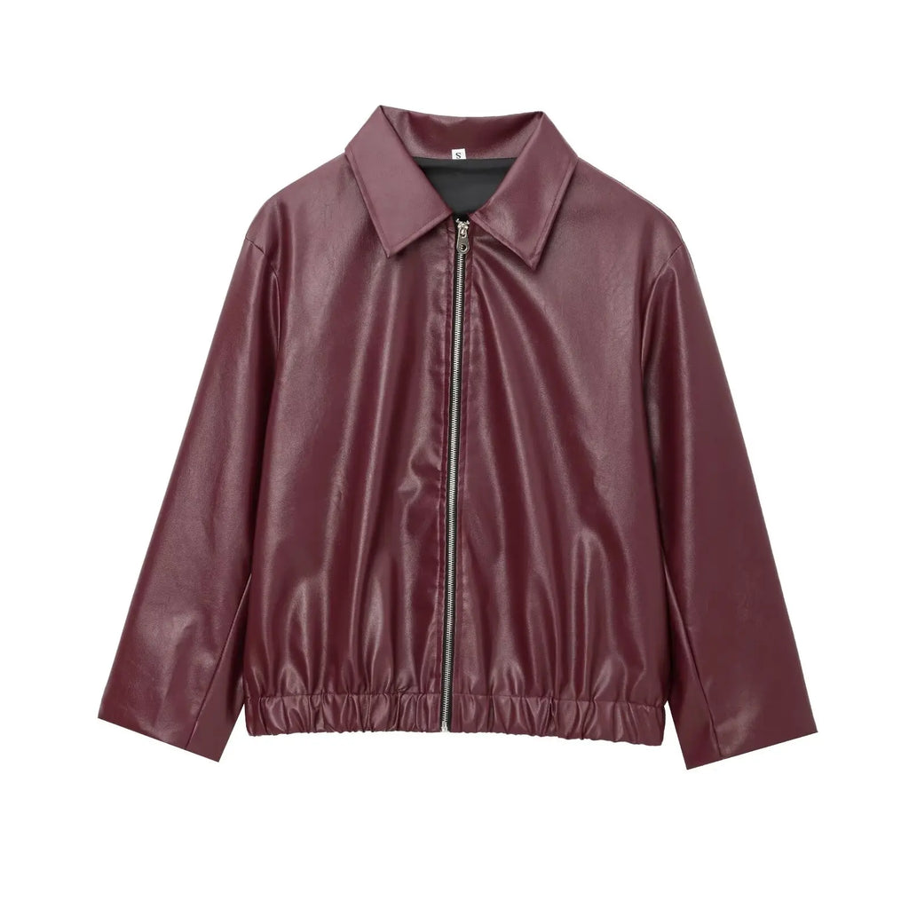 HH Wine Red Faux Leather Jakcet Fashion Outerwear Thicken Zipper Lapel Pu Coats Autumn Winter Streetwear Ladies Tops Women