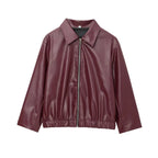 HH Wine Red Faux Leather Jakcet Fashion Outerwear Thicken Zipper Lapel Pu Coats Autumn Winter Streetwear Ladies Tops Women