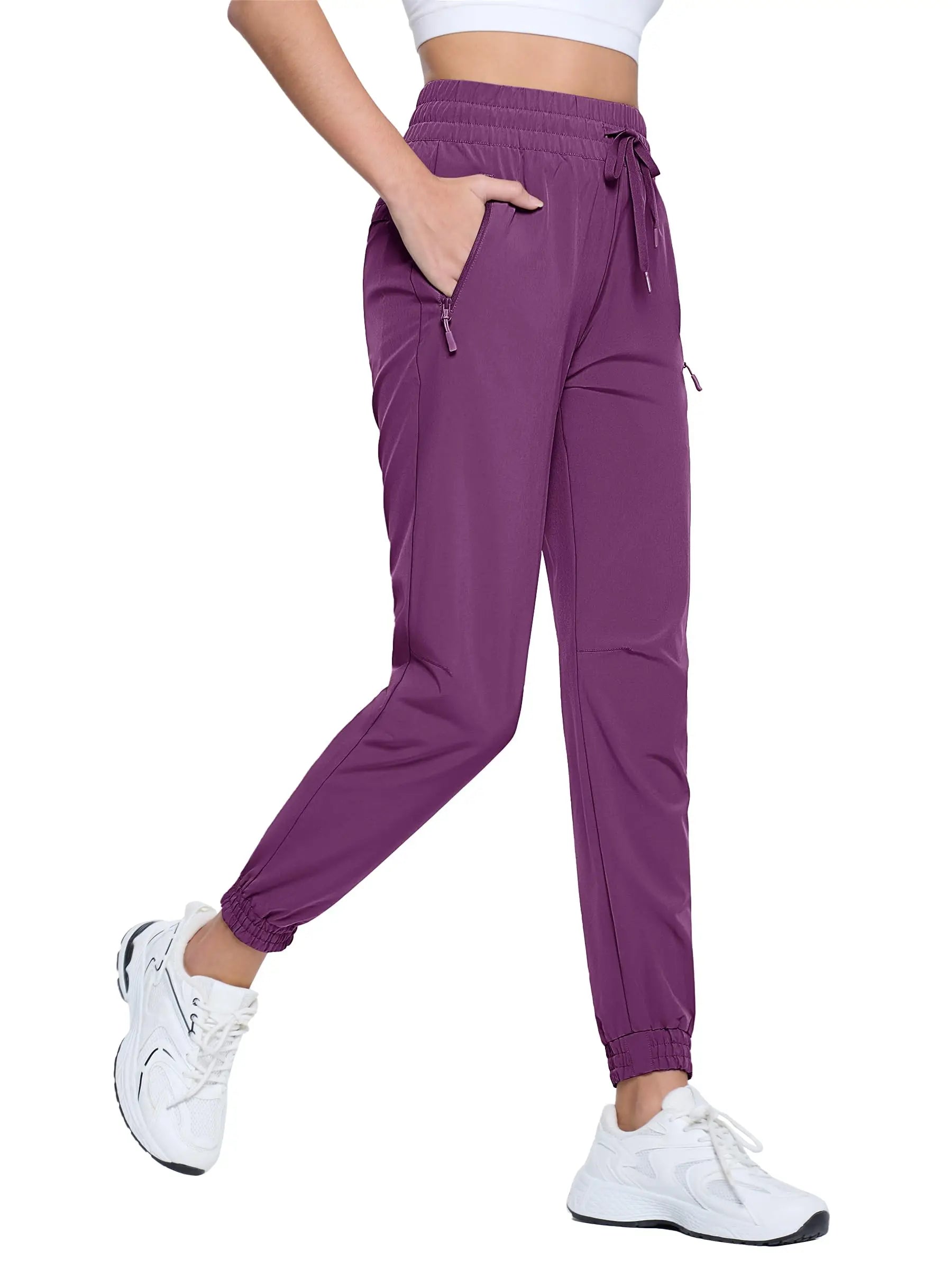 TACVASEN Quick Dry Hiking Pants Womens Outdoor Sports Drawstring Waist Joggers Waterproof Lightweight 3 Zipper Pockets Trousers