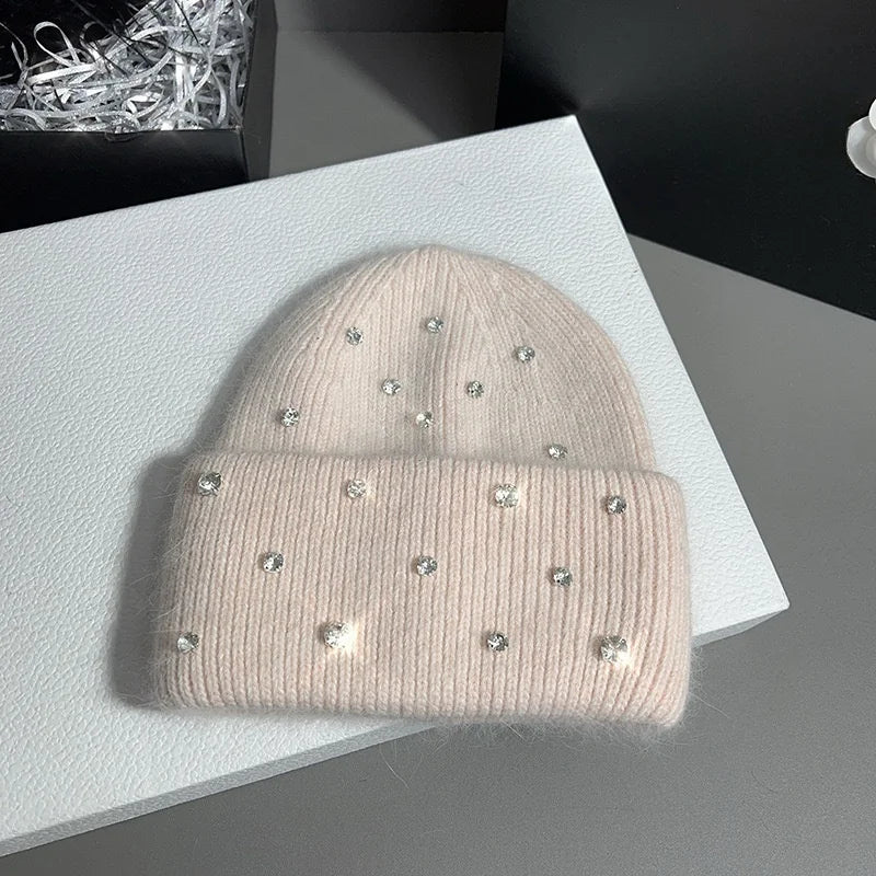 Nouveau bonnet tricoté de perles de strass de luxe