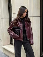 HH Wine Red Faux Leather Jakcet Fashion Outerwear Thicken Zipper Lapel Pu Coats Autumn Winter Streetwear Ladies Tops Women